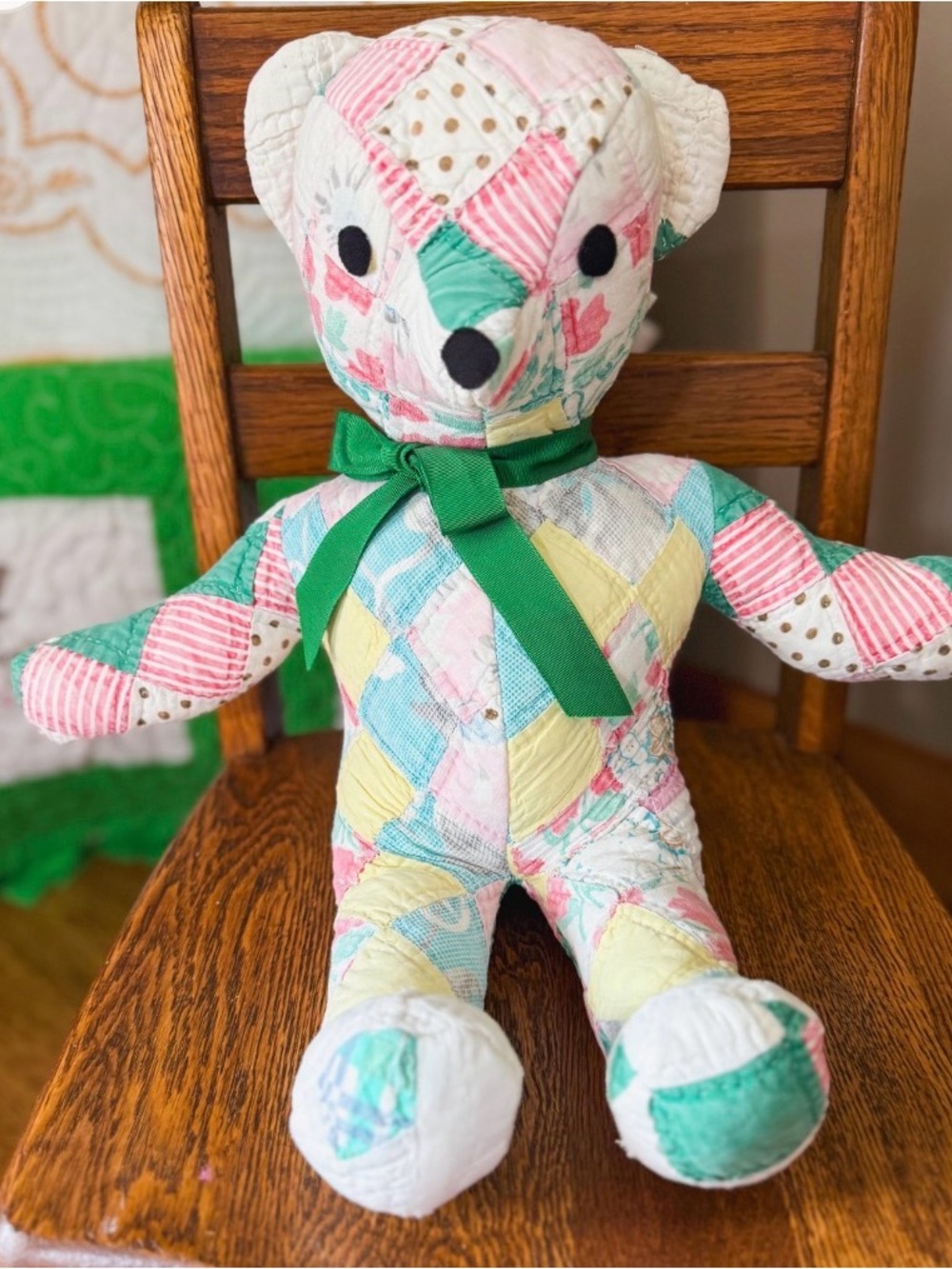 Patchwork Quilted Teddy Bear with Green Bow